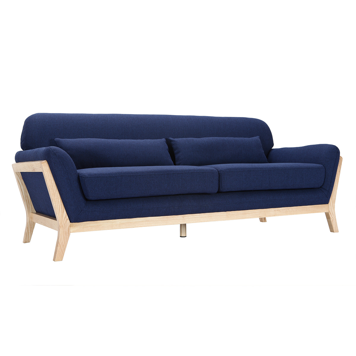 Canapé scandinave 3 places en tissu bleu foncé et bois clair YOKO