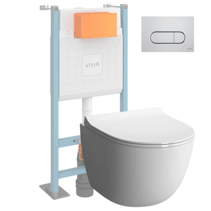 Pack WC suspendu Sento Blanc Compact + Bâti auto-portant V-Fix Core + Plaque Round chromé