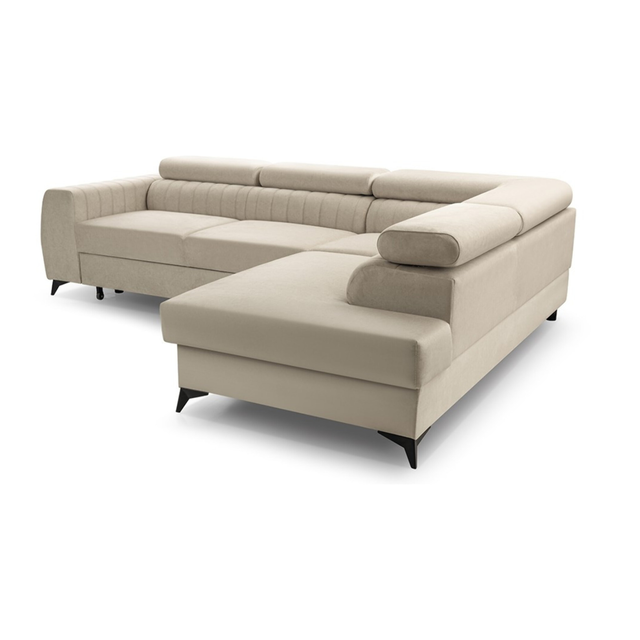 Aneta - canapé d'angle droit 5 places - convertible avec coffre et têtières - en velours - Beige