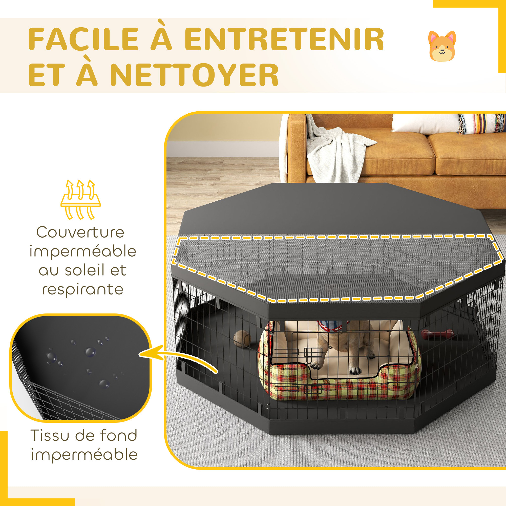 Parc enclos chien modulable intérieur 8 panneaux pliables - porte, bâche bas haut - acier noir