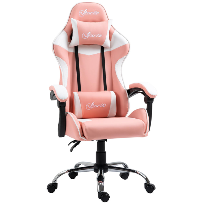 Silla Gaming Ergonómica Silla de Escritorio Racing Giratoria con Altura Ajustable Reclinable de 135° Reposacabezas y Cojín Lumbar para Oficina Estudio 63x67x122-130 cm Rosa