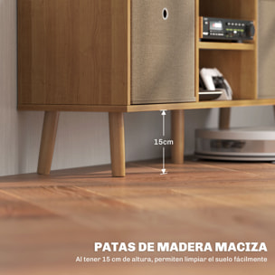 Mueble de TV, Mesa de TV con 2 Cajones de Tela, 2 Estantes Abiertos, Orificios para Cables, para Televisores hasta 50 Pulgadas, Largo de 110 cm, para Salón, Dormitorio, Madera y Marrón
