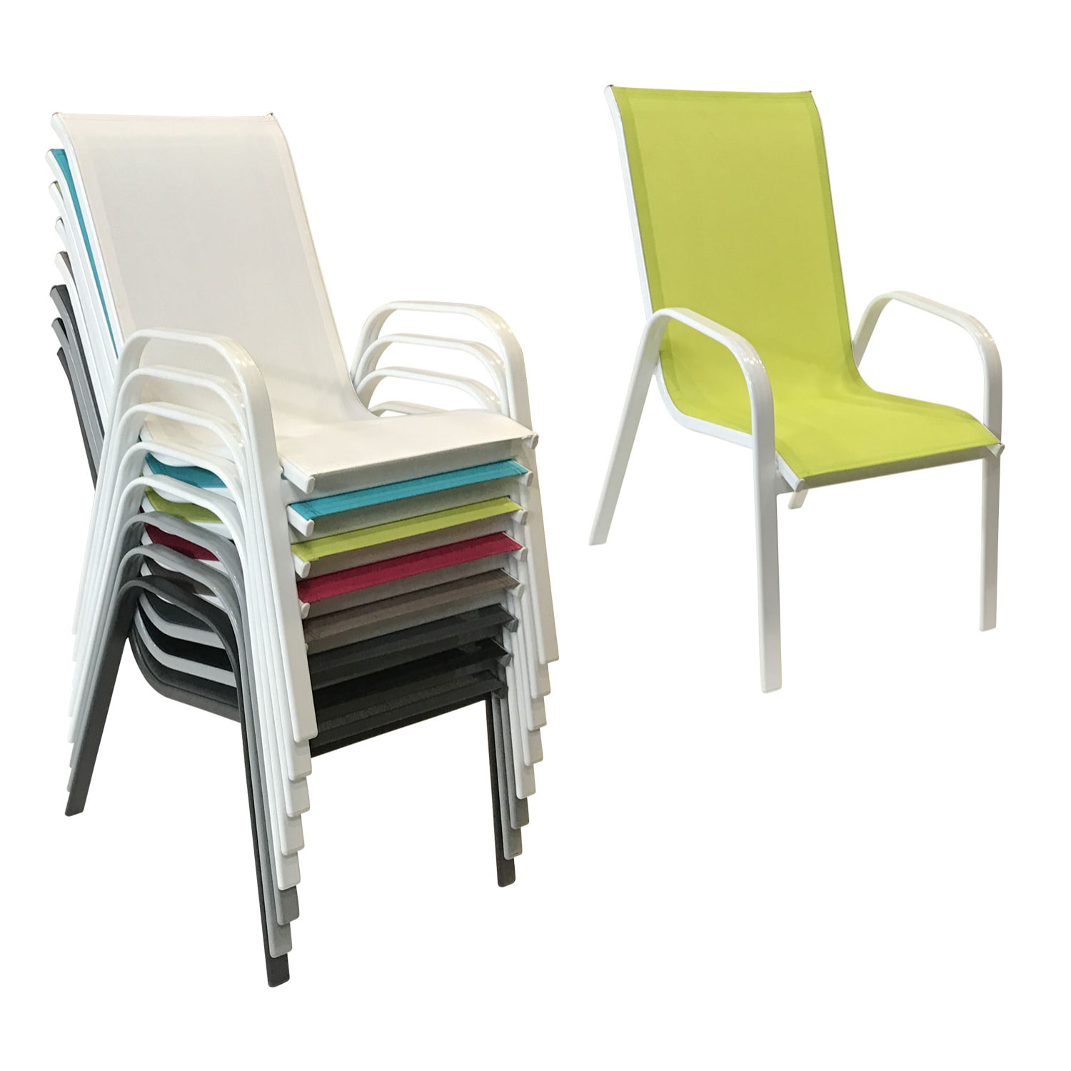 Lot de 6 chaises MARBELLA en textilène vert - aluminium blanc