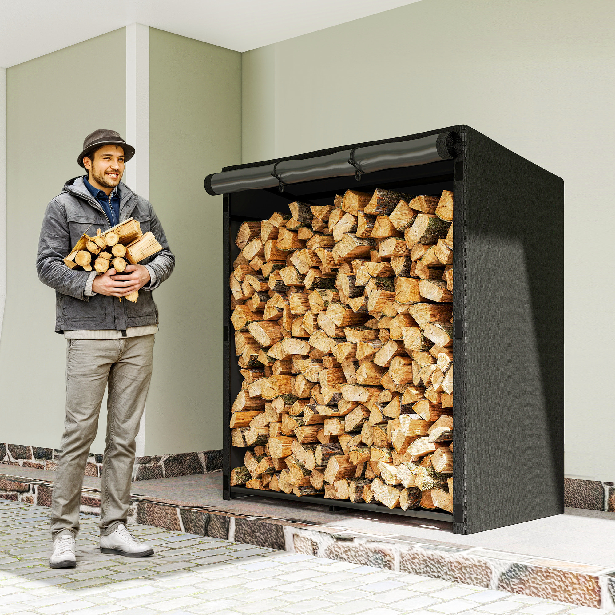 Estante de Leña Metálico, 140x70x154 cm, Leñero Exterior con Cubierta Impermeable 600D Oxford, Marco de Acero, Soporte para Leña de Chimenea, Carga 300 kg, para Jardín, Terraza