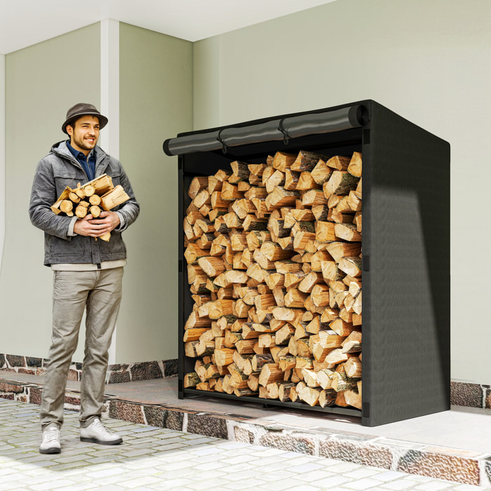 Estante de Leña Metálico, 140x70x154 cm, Leñero Exterior con Cubierta Impermeable 600D Oxford, Marco de Acero, Soporte para Leña de Chimenea, Carga 300 kg, para Jardín, Terraza