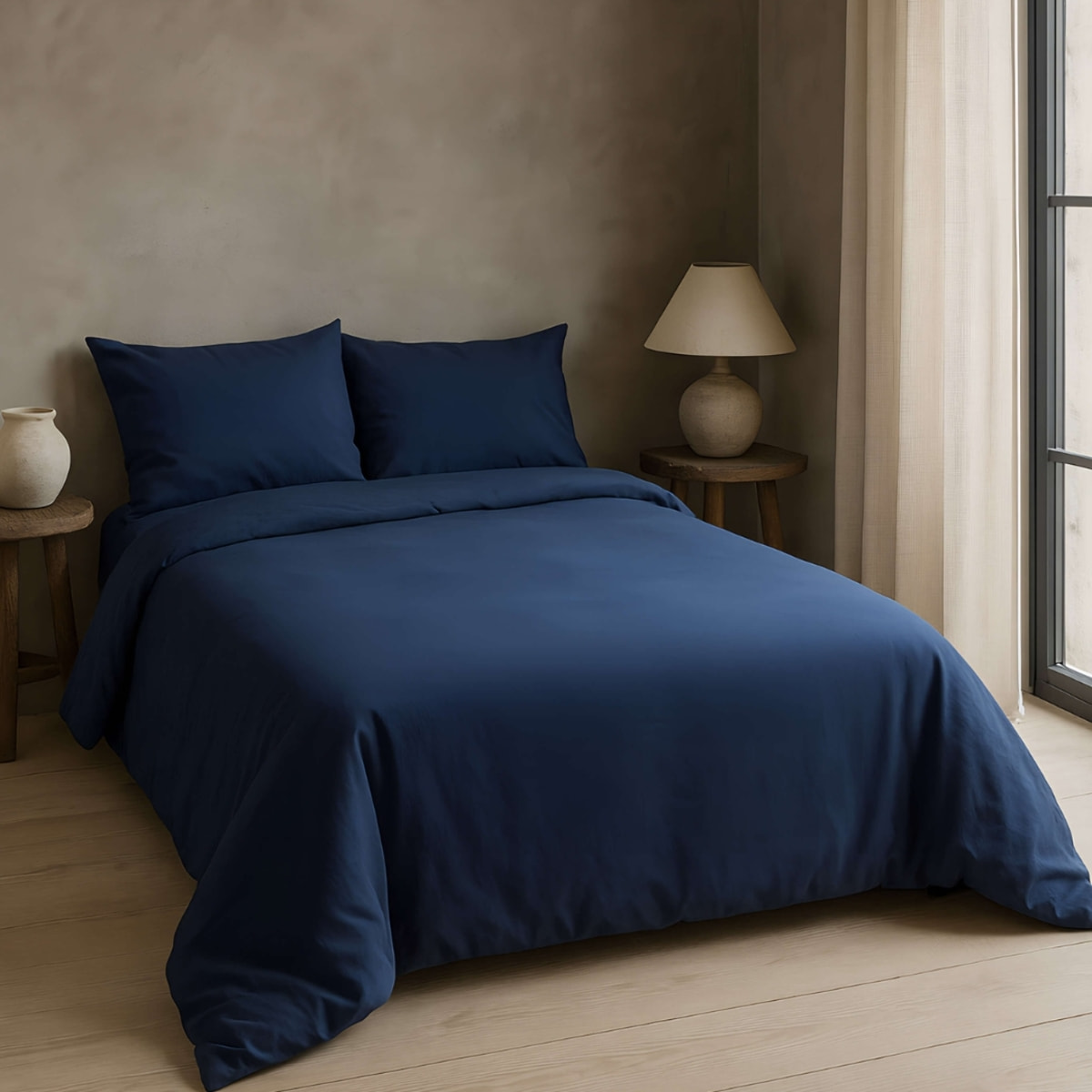 Naturals - Funda Nórdica Lisa - Cierre con botones - 100% Algodón - Incluye 1/2 Fundas de Almohada - Azul