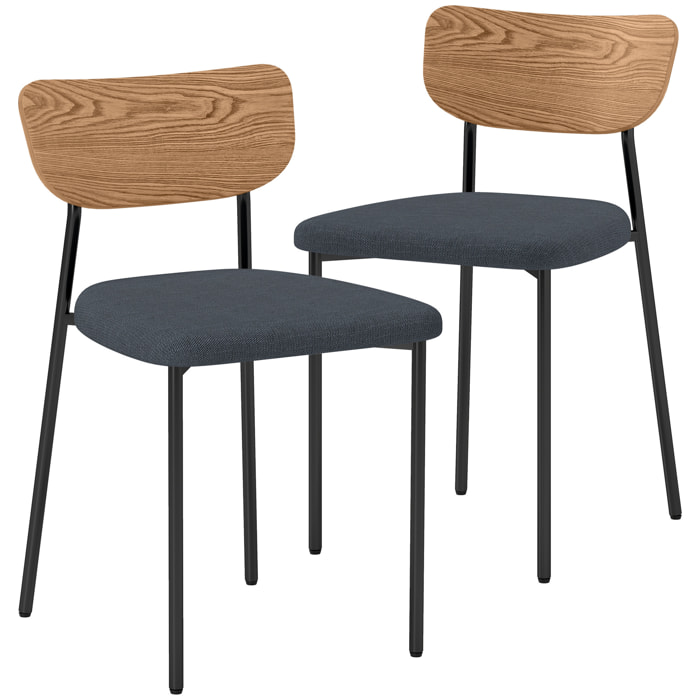 Lot de 2 chaises de salon style néo-rétro assise rembourré tissu gris piètement acier noir dossier effet bois