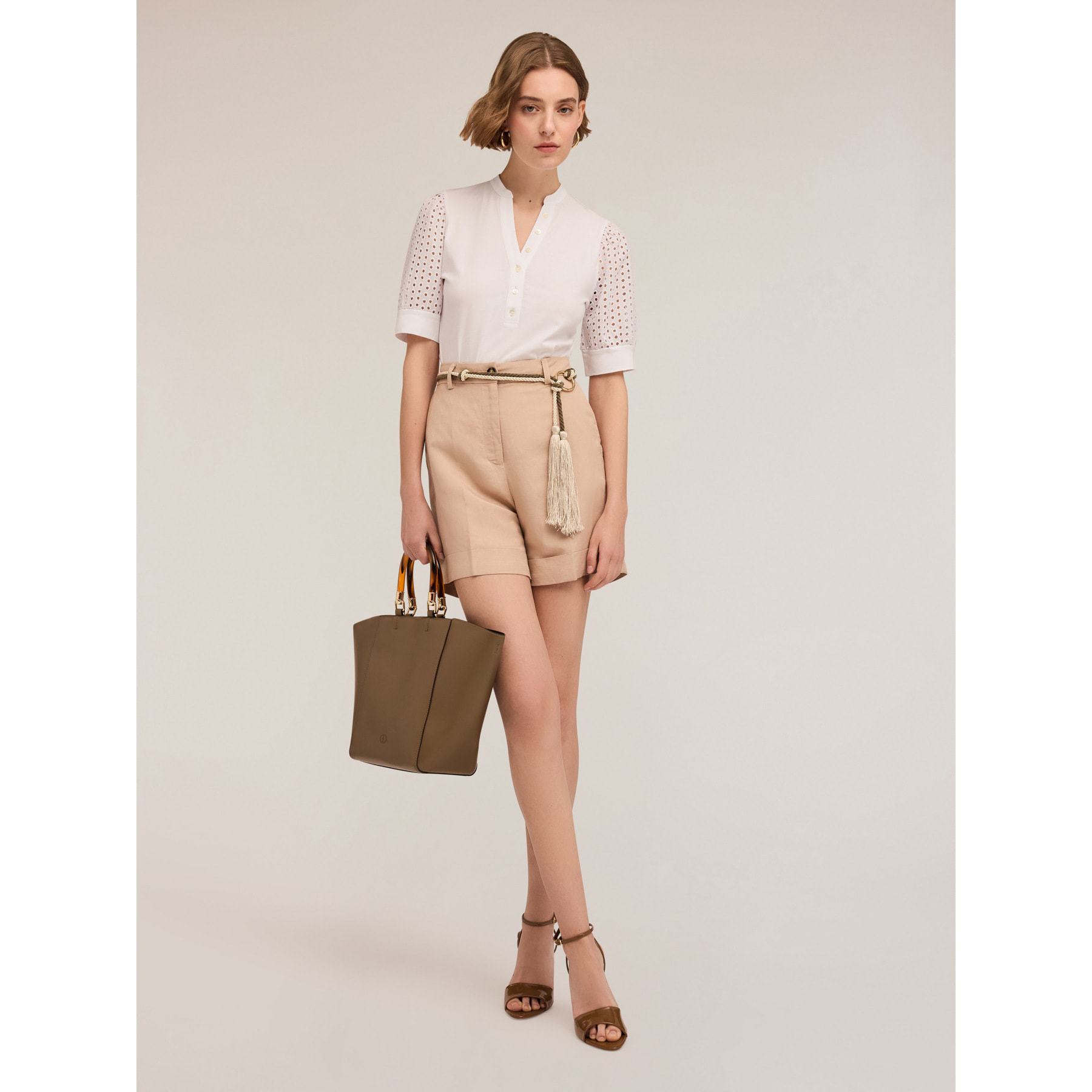 Motivi - Henley-Shirt mit Lochstickerei-Ärmeln - Blanco