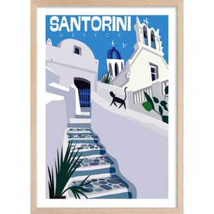 Poster de santorini blanc bleu Affiche + cadre en bois - Chêne