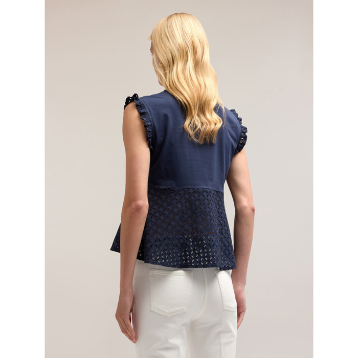 Motivi - T-shirt smanicata con inserto in sangallo - Blu