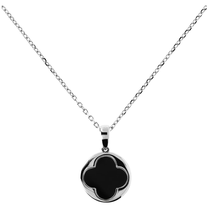 Collana Catena Forzatina con Pendente Quadrifoglio in Onice Nero Placcata Oro Bianco 18kt