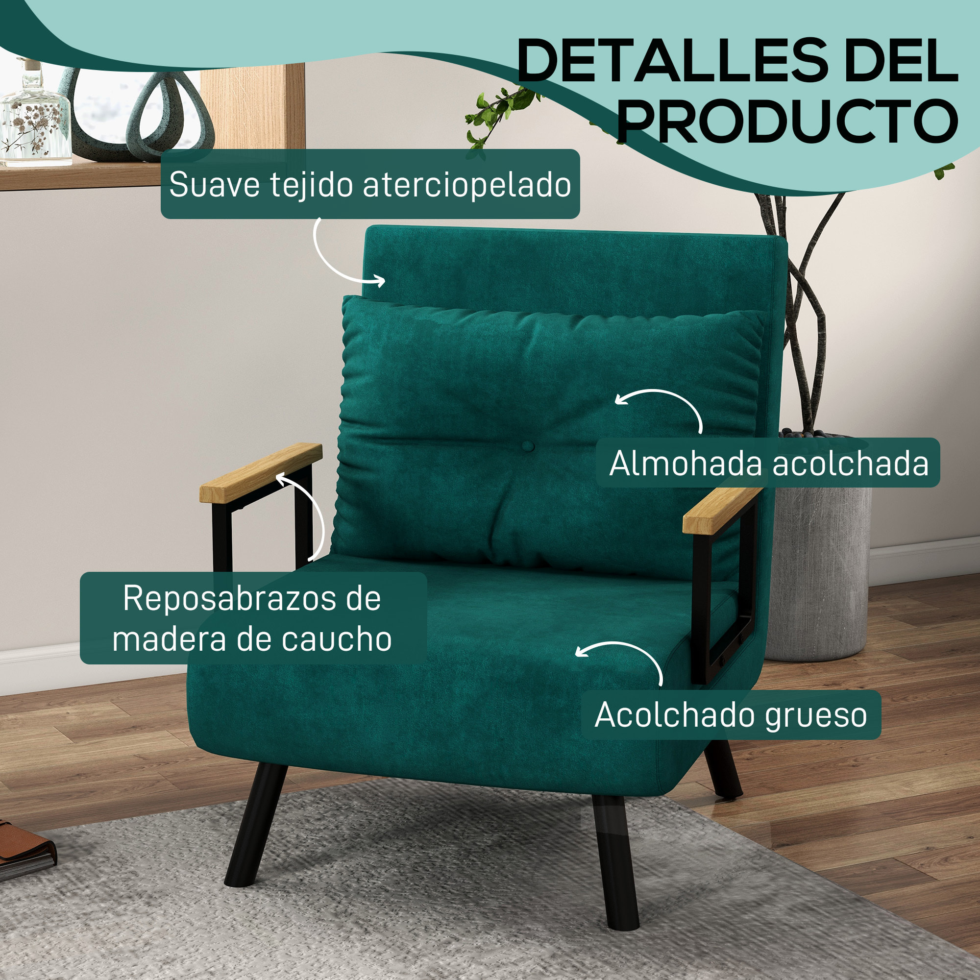 Sofá Cama de 1 Plaza 4 en 1, Sofá Cama Plegable Tapizado en Terciopelo con Respaldo Ajustable de 5 Niveles y Almohada Acolchada, para Oficina, Dormitorio, Salón, 63x73x81 cm, Verde