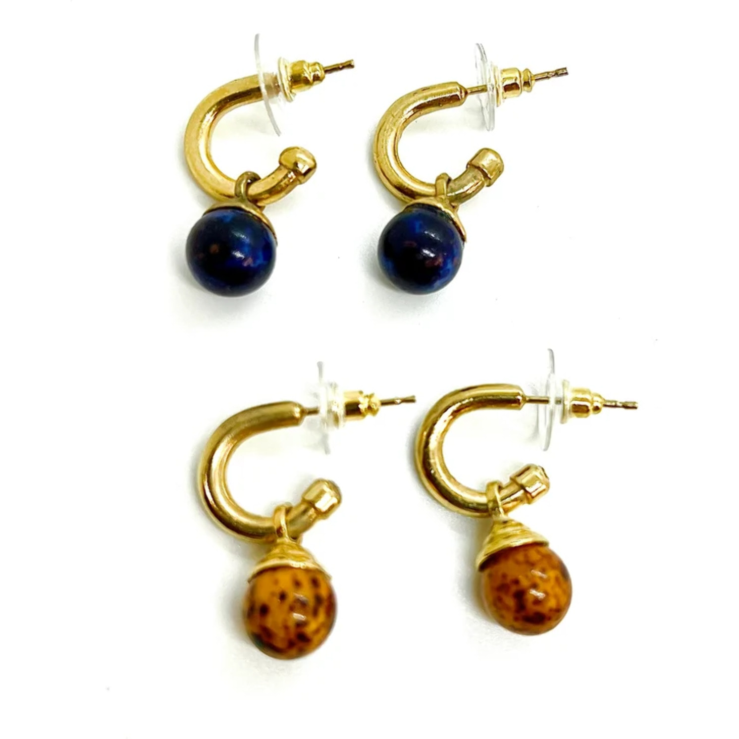 Pack aros pequeño y bola colgante dorado chapado y bolas en azul marino y jaspeado