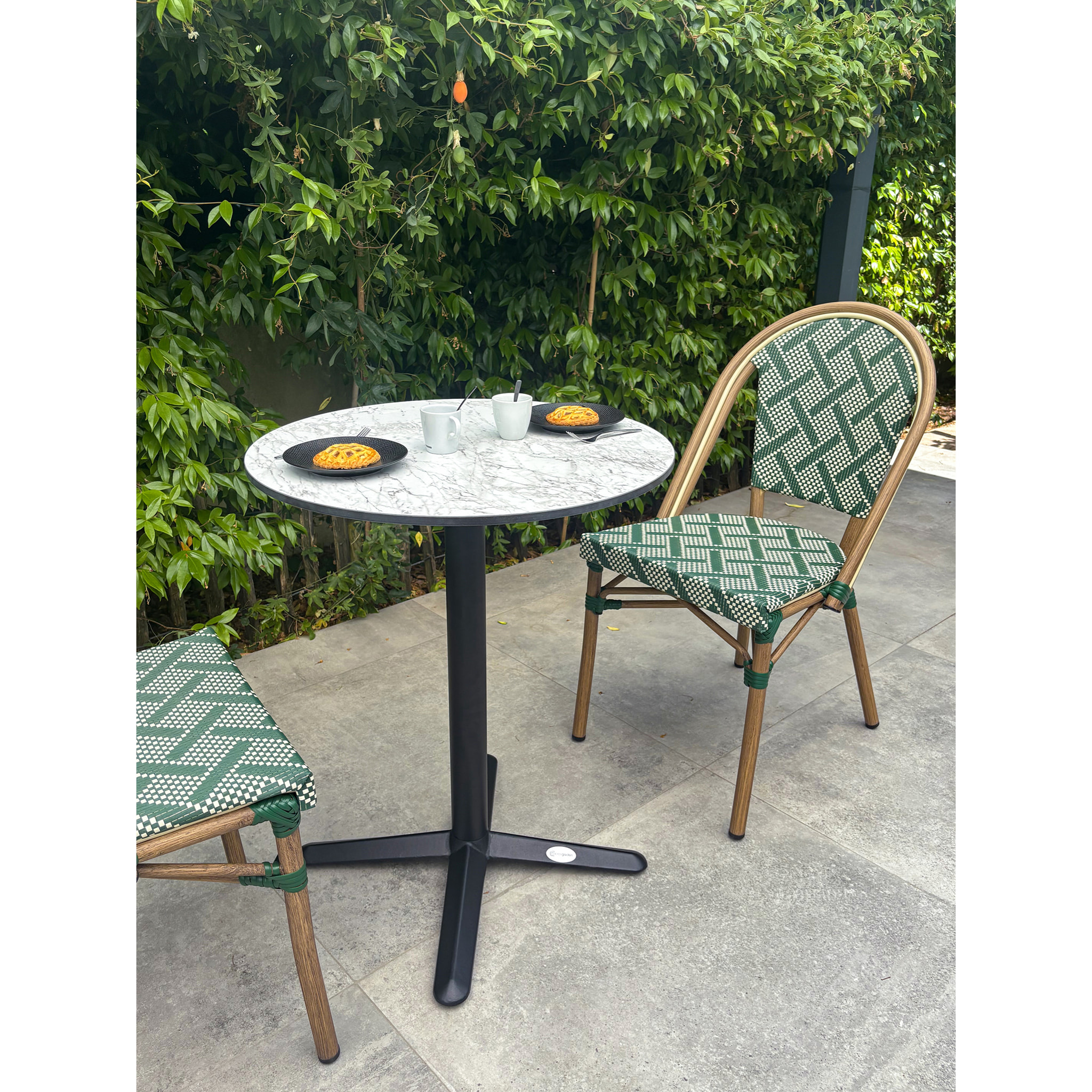 BISTRO - Ensemble repas de jardin 2 places en acier et plateau en HPL