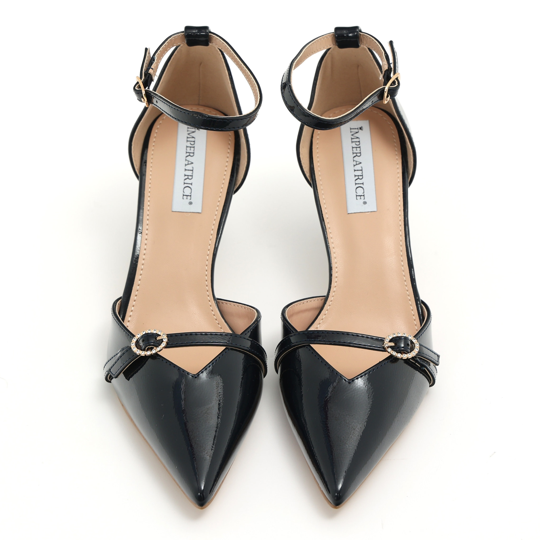 Sandali in simil pelle verniciata con tacco a rocchetto