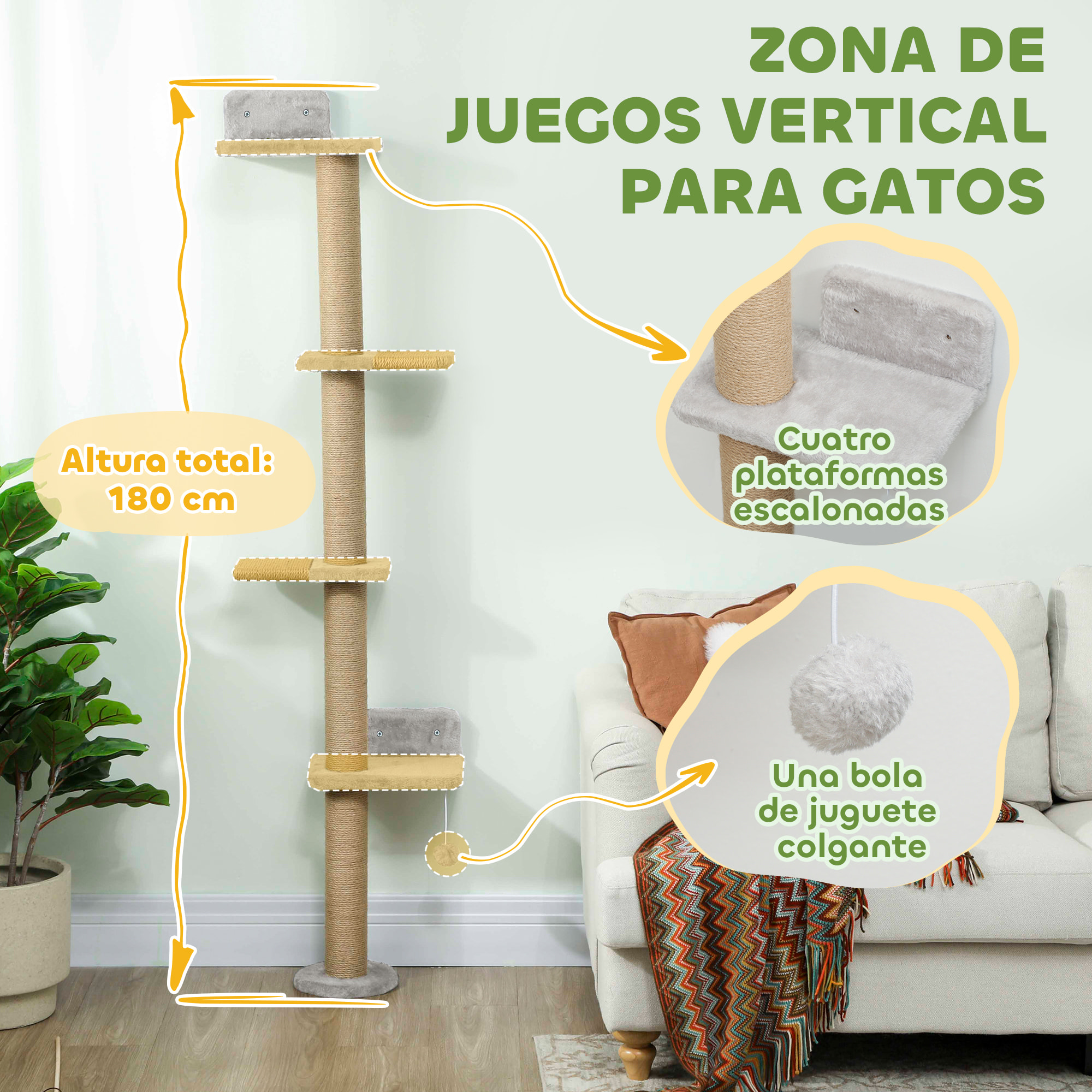 Árbol para Gatos de Pared de 5 Niveles, Rascador para Gatos Estrecho con Bola de Juguete y Rascadores de Sisal, 48x21x180 cm, Gris Claro