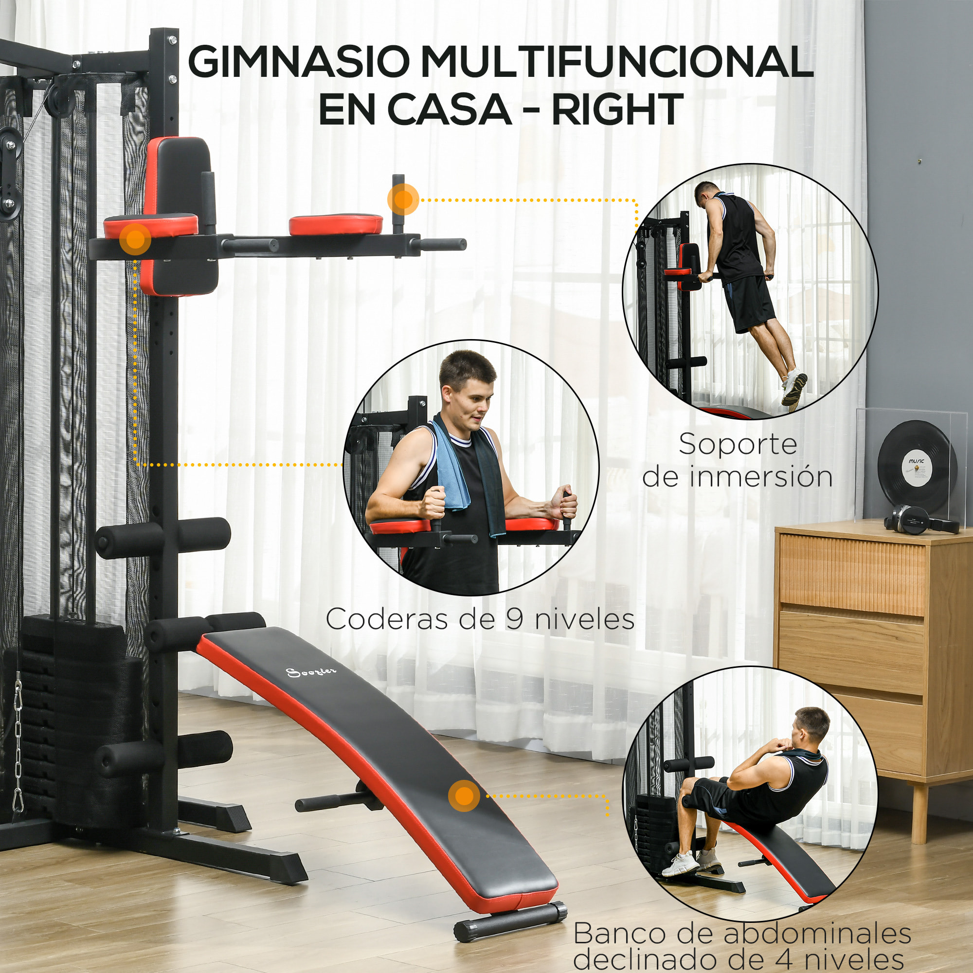 Máquina de Multiestación Ajustable Multiestación de Musculación con Placas de Peso de 45 kg Carga Max. 110 kg para Entrenamiento Fitness en Hogar Gimnasio 225x175x200 cm Negro