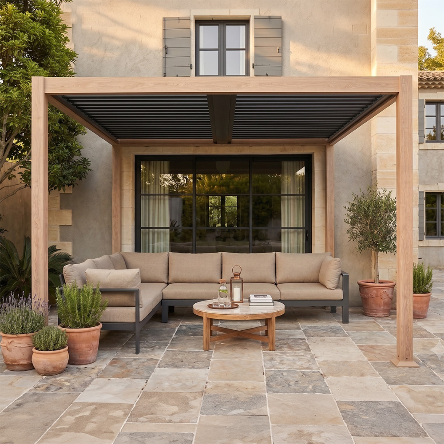 Pergola bioclimatique 3x3m adossée effet bois PANAGIA