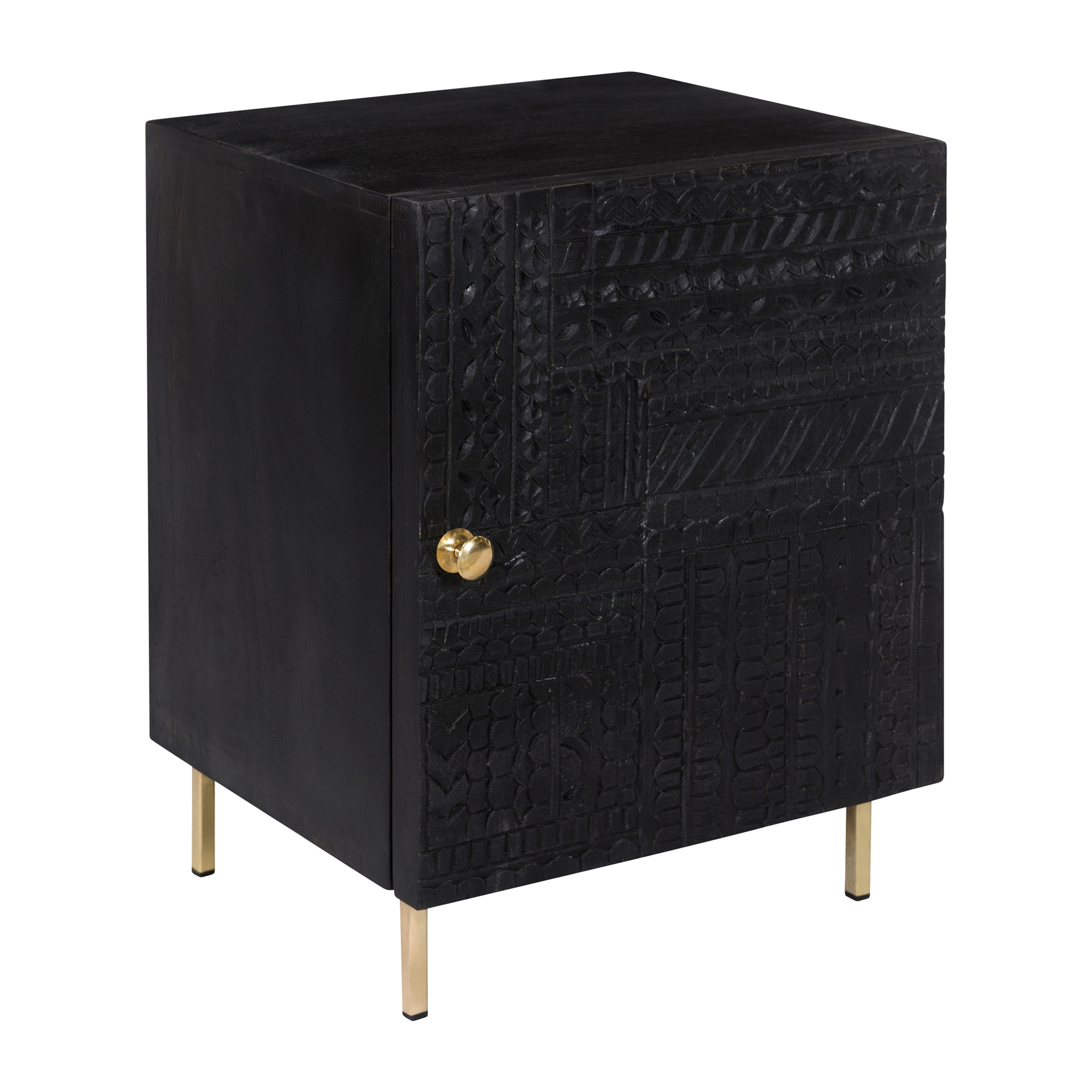 Chevet 1 porte en bois gravé noir et métal doré - Chimane
