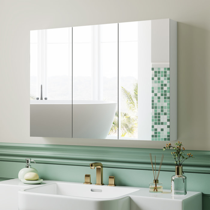Armoire miroir murale salle de bain design 3 portes 4 étagères  91 x 11 x 65 cm blanc