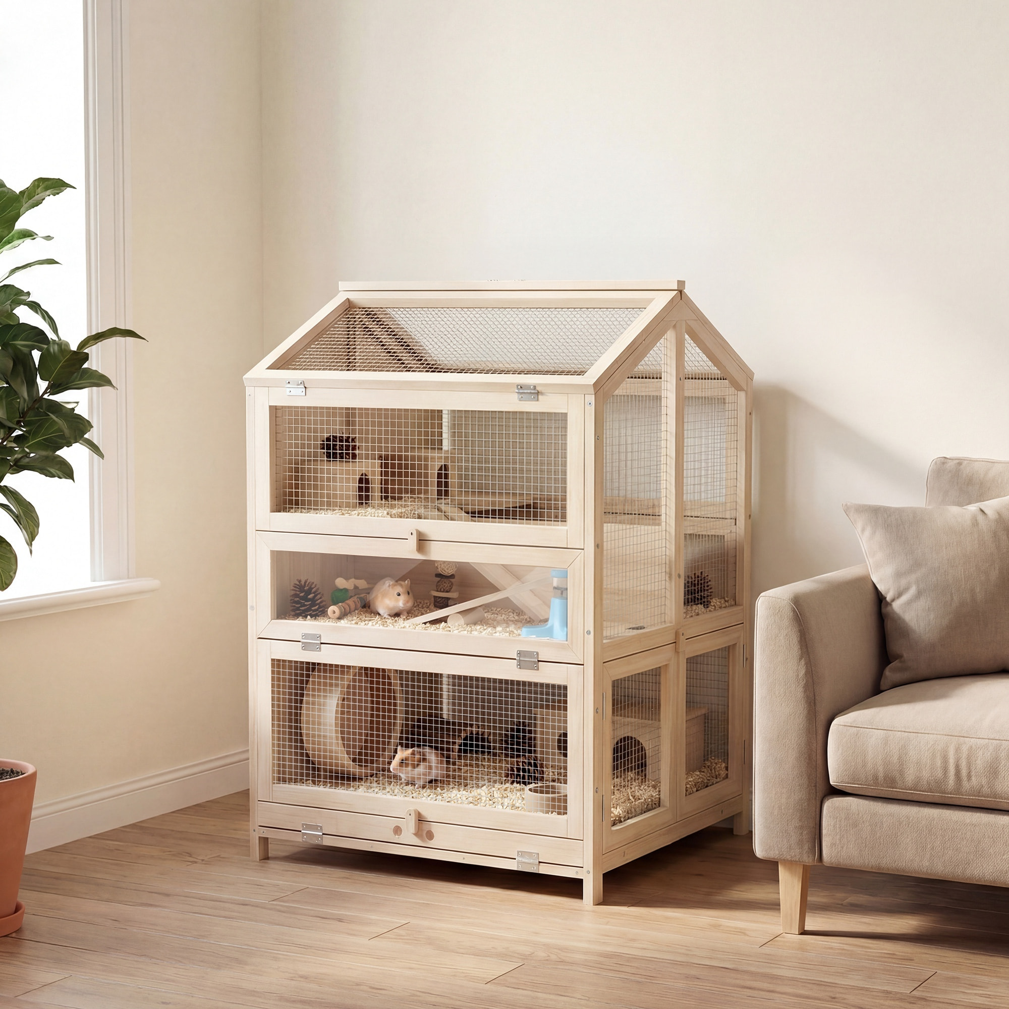 Jaula para Hámster de Madera de 3 Niveles, Casa para Hámster con Bebederos, Casetas, Balancines, Rampas, Bandeja Extraíble y Tapas Abatibles, 68x61,5x90 cm, Natural