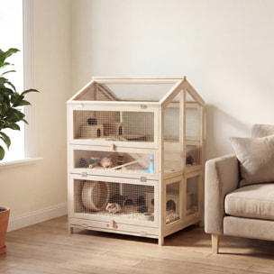 Jaula para Hámster de Madera de 3 Niveles, Casa para Hámster con Bebederos, Casetas, Balancines, Rampas, Bandeja Extraíble y Tapas Abatibles, 68x61,5x90 cm, Natural
