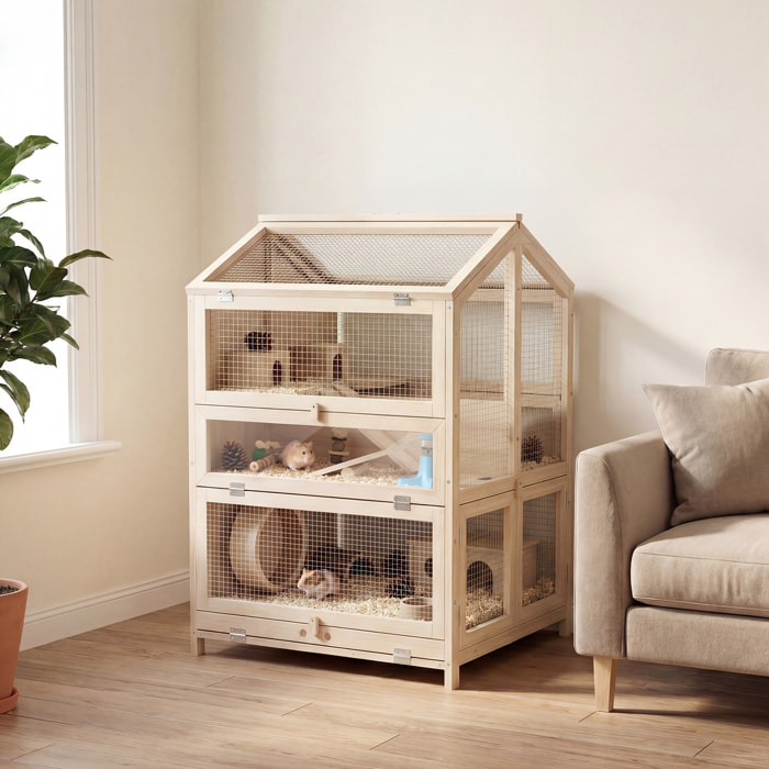 Jaula para Hámster de Madera de 3 Niveles, Casa para Hámster con Bebederos, Casetas, Balancines, Rampas, Bandeja Extraíble y Tapas Abatibles, 68x61,5x90 cm, Natural