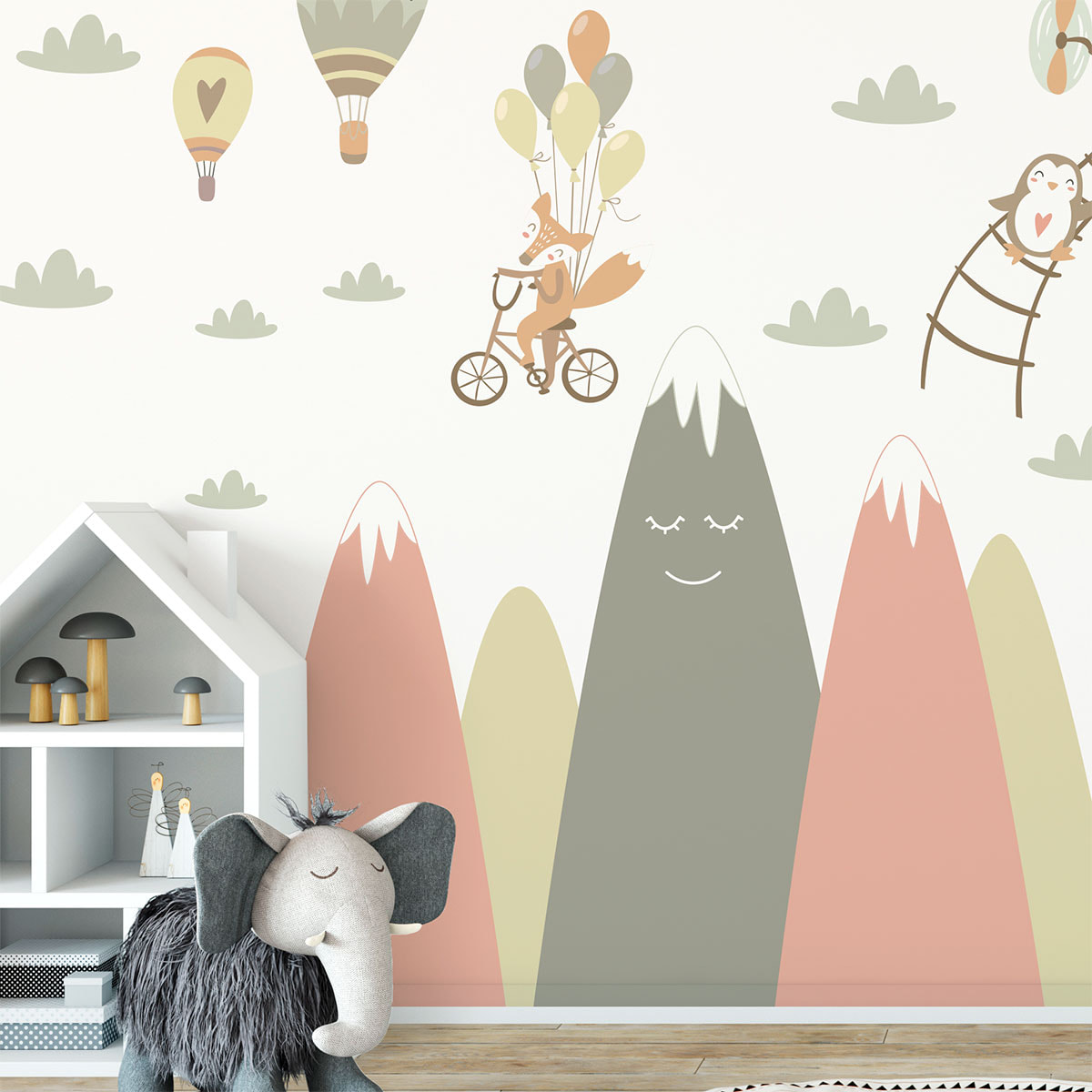 Stickers muraux enfants - Décoration chambre bébé - Autocollant Sticker mural géant enfant montagnes scandinaves ANIMAUX AMIS