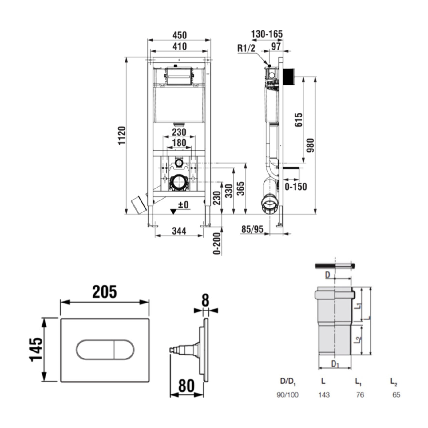 Bâti-support WC suspendu, installation sur cloison légère, hauteur 112 cm, chasse 2/4-6 L + plaque blanche (ROW01-FR)