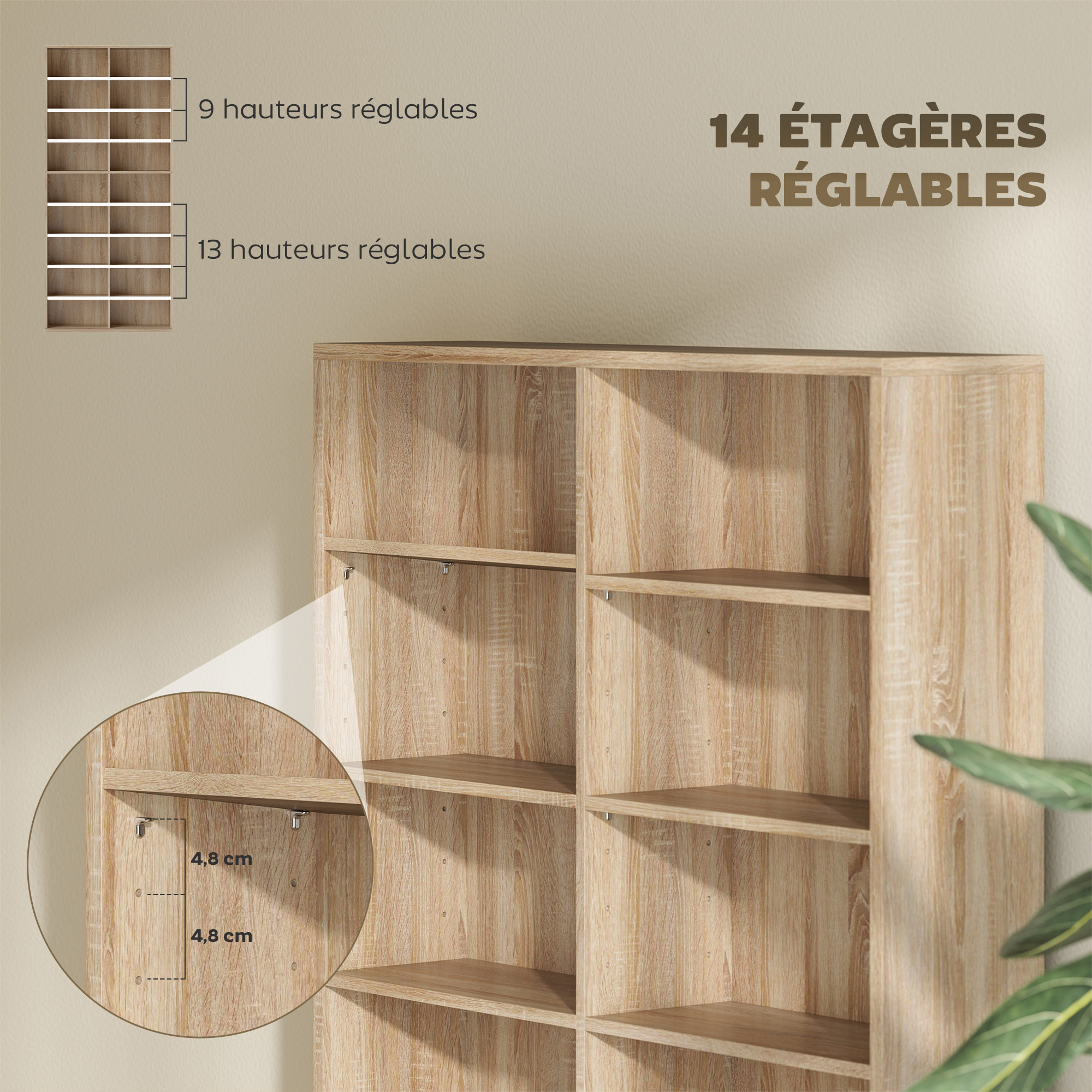 Étagère pour CD et DVD - 18 compartiments, 14 étagères réglables - 78,5x24x175cm - naturel