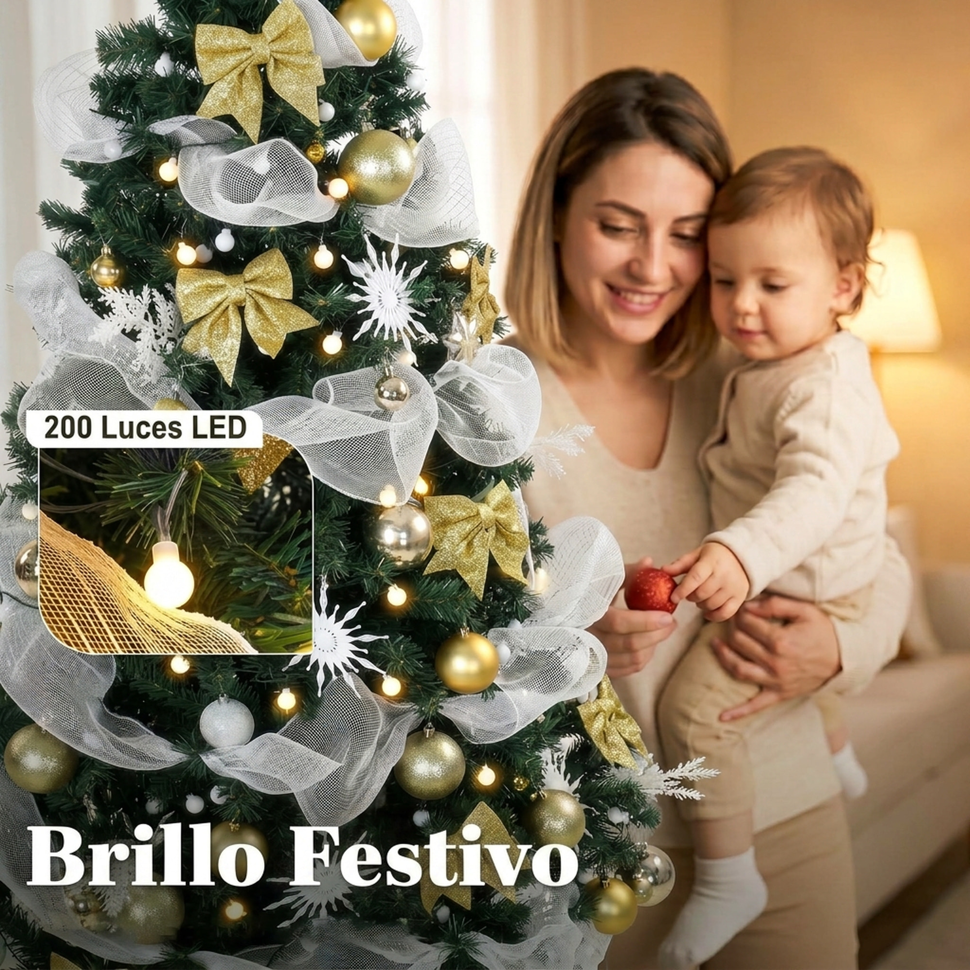 HOMCOM Árbol de Navidad con 200 LED Blanco Cálido, 180 cm, Árbol de Navidad Predecorado, 800 Ramas, 8 Modos, Bolas, Cintas y Lazos, Mando a Distancia, Base Metálica Plegable, Funciona con USB, Verde