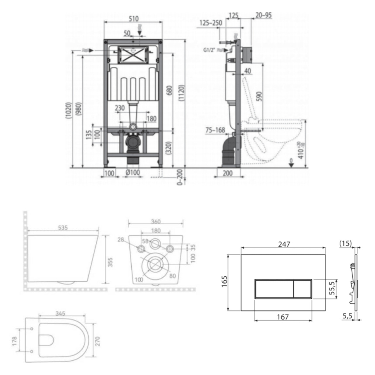 Pack WC bâti-support autoportant + WC suspendu sans bride Ceramia avec abattant SoftClose + plaque (STCE14WT03-U)