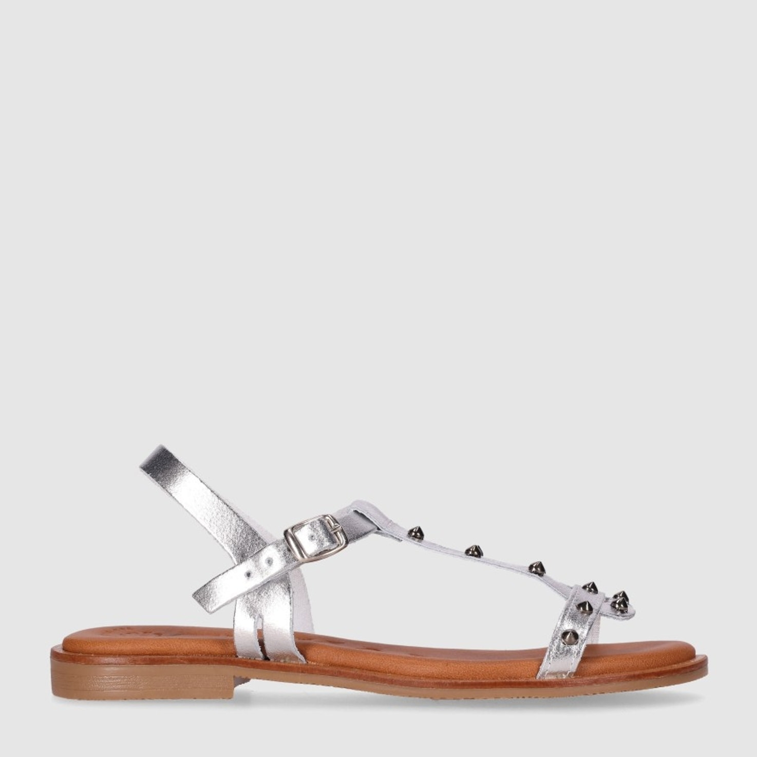 Sandalias de Piel - Plata-Metal - Tacón: Bajo