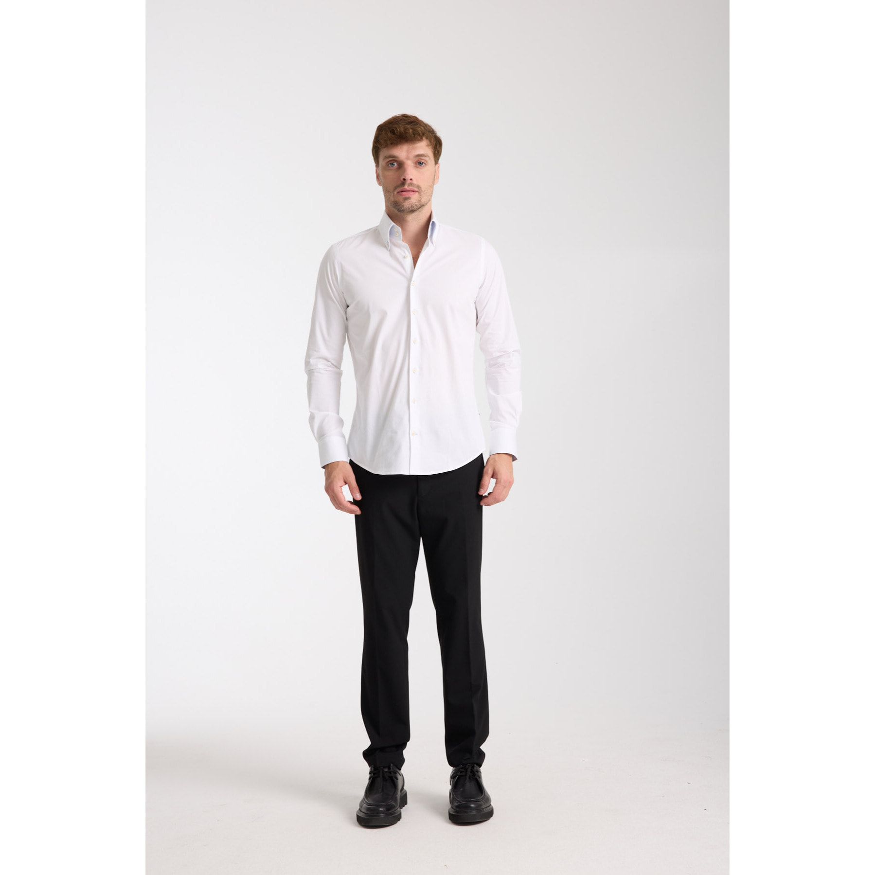 Camicia Uomo 2 Bottoni Button Down Slim Popeline Stretch Unito Bianco