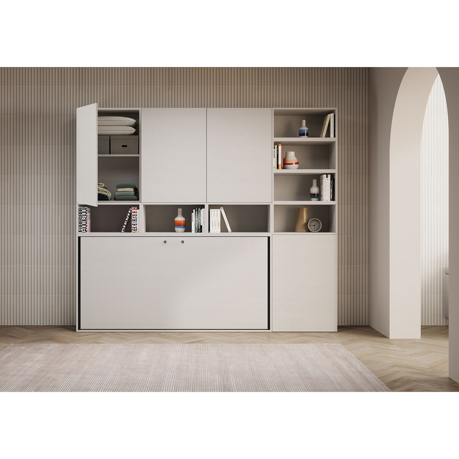 Letto a scomparsa singolo orizzontale Kando con materasso composizione E Bianco Frassino