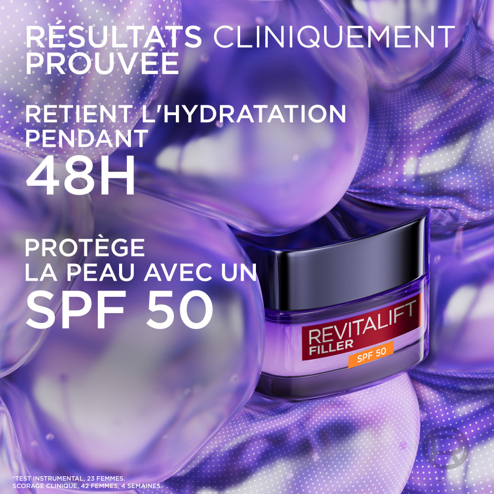 L’Oréal Paris, Revitalift Filler, crème de jour anti-âge repulpante SPF 50, complexe triple acide hyaluronique, texture légère n
