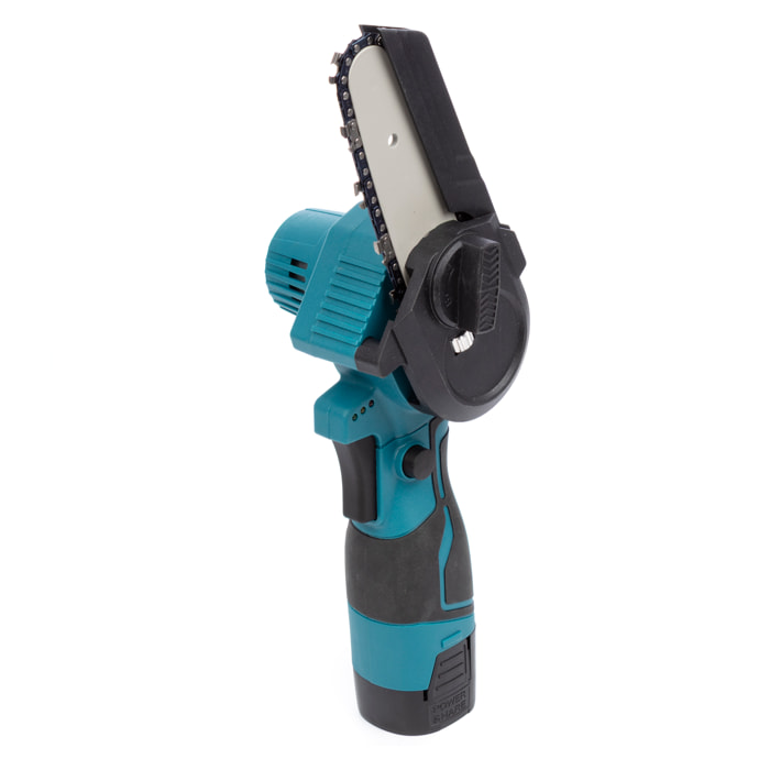 Mini motosega senza fili con lama da 3 pollici, 2 batterie da 5200 mah e valigetta per il trasporto.