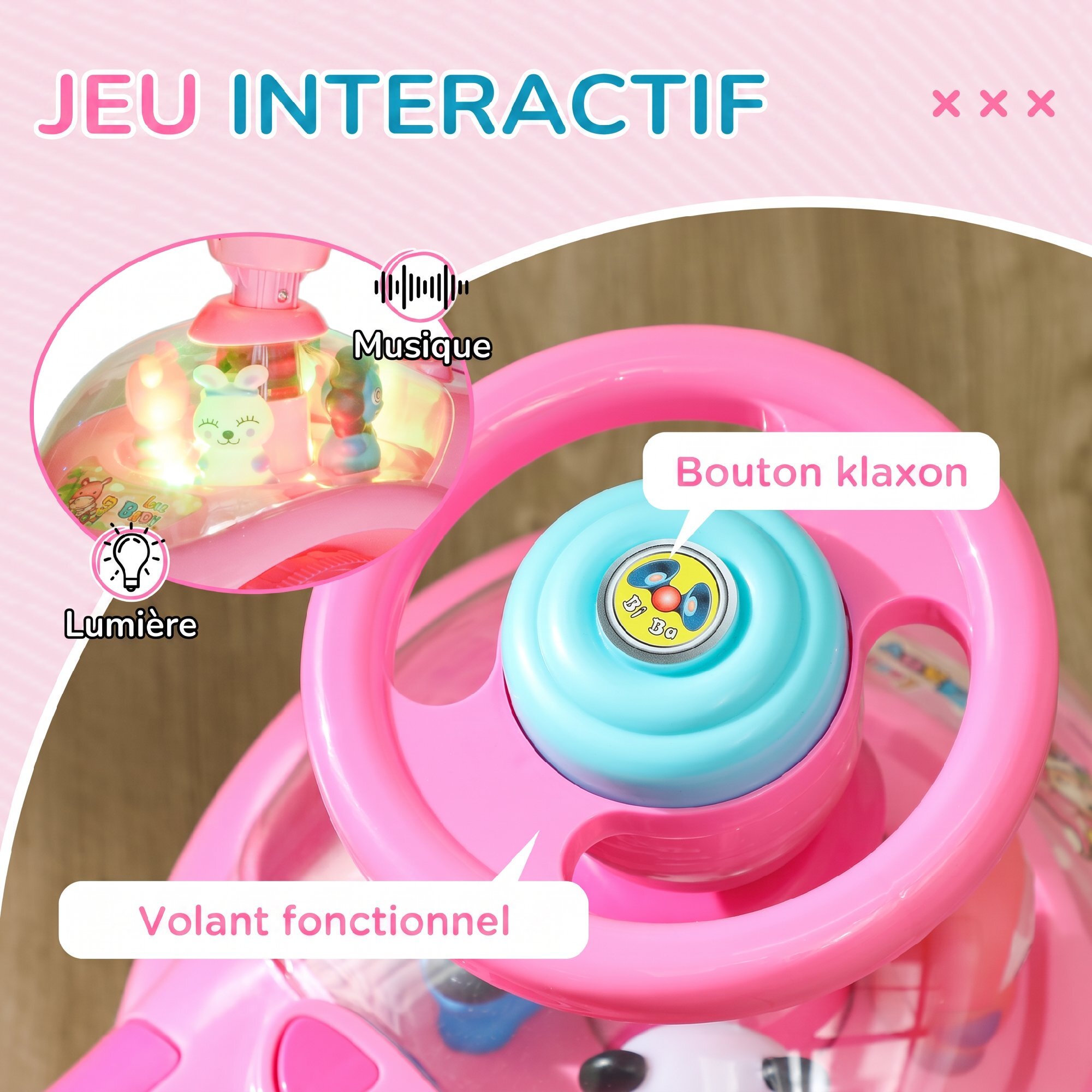 Porteur enfant rover spatial 2 coffres effets sonores lumineux rose
