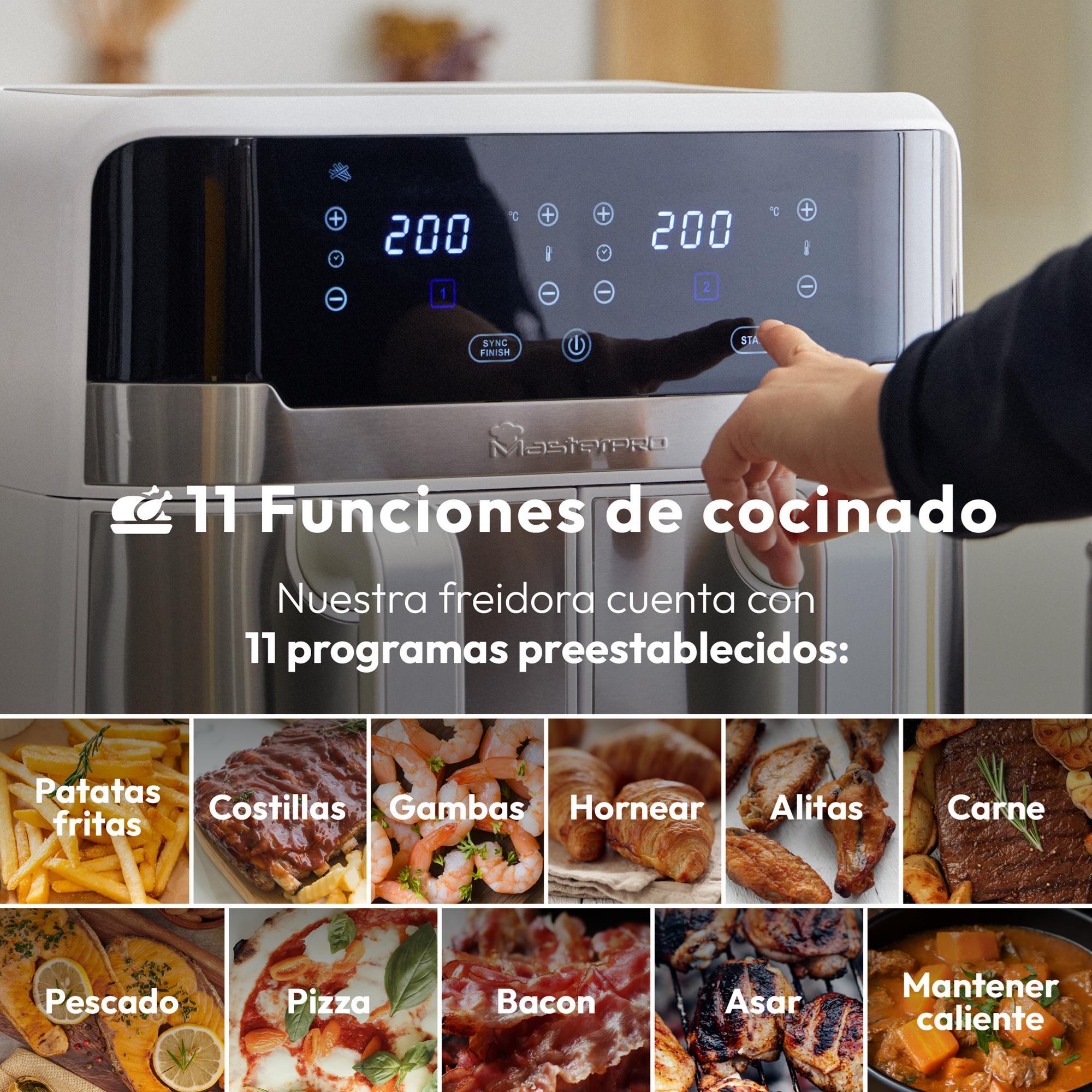 MasterPro Rocket Duo 900 Freidorade aire Color Blanco de 9 L y 2400W, Pantalla LED Táctil y Cesta Antiadherente 11 Funciones