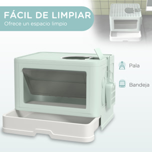 Arenero para Gatos Cubierto Caja de Arena Desmontable con Bandeja Extraíble Pala Caja de Almacenaje Cepillo 2 Puertas Entrada Principal y Salida Superior 48,5x38x36,5 cm Verde Claro y Blanco
