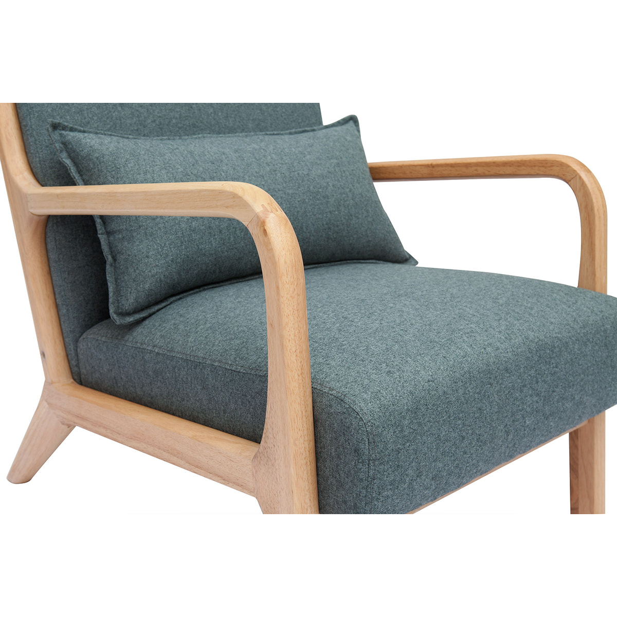 Fauteuil scandinave en tissu vert de gris et bois clair massif DERRY