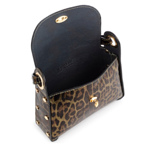 Aquileia bolso de mano mujer. Piel auténtica Gamuza con estampado animal print leopardo lacada brillante.
