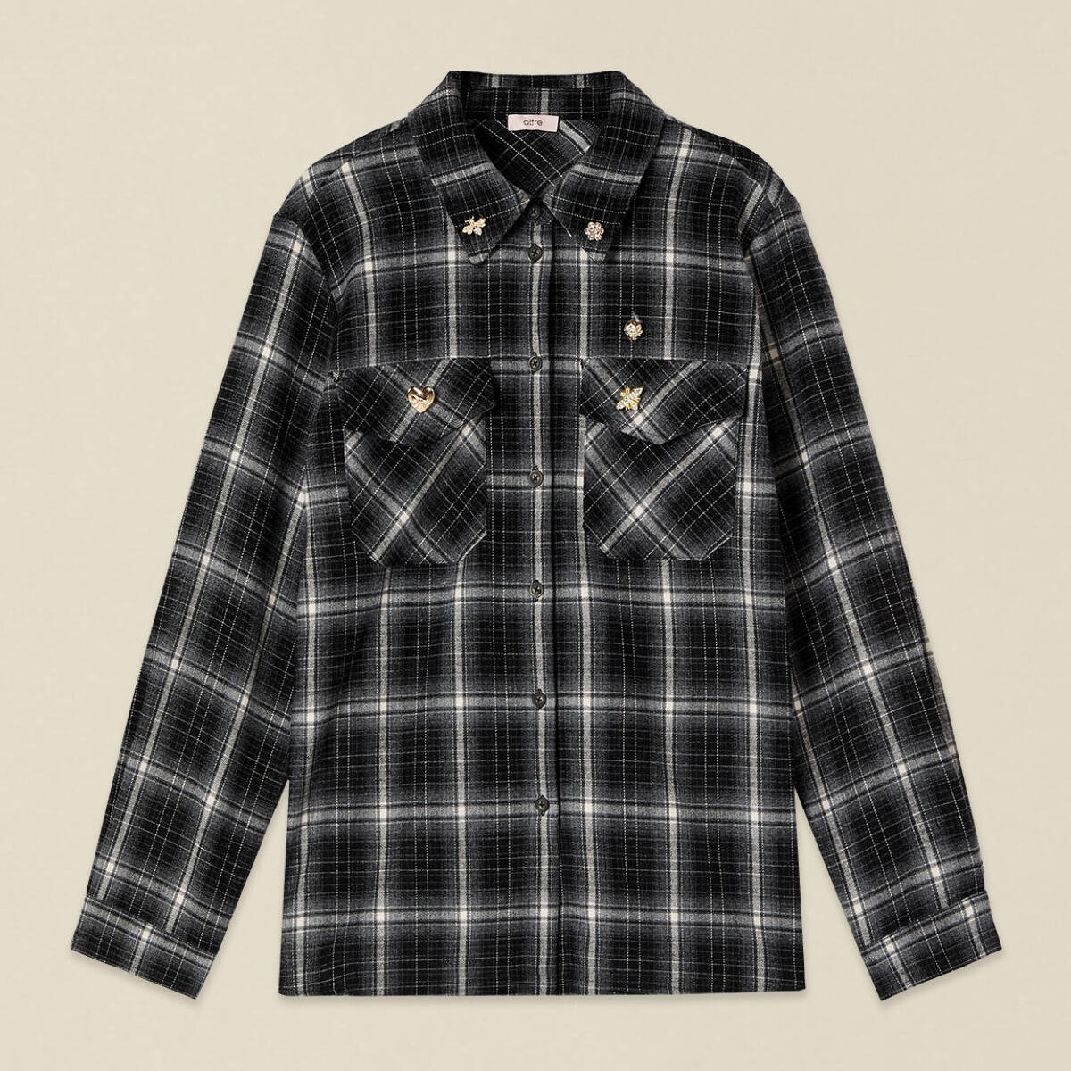 Oltre - Camicia in flanella con pins gioiello - Nero
