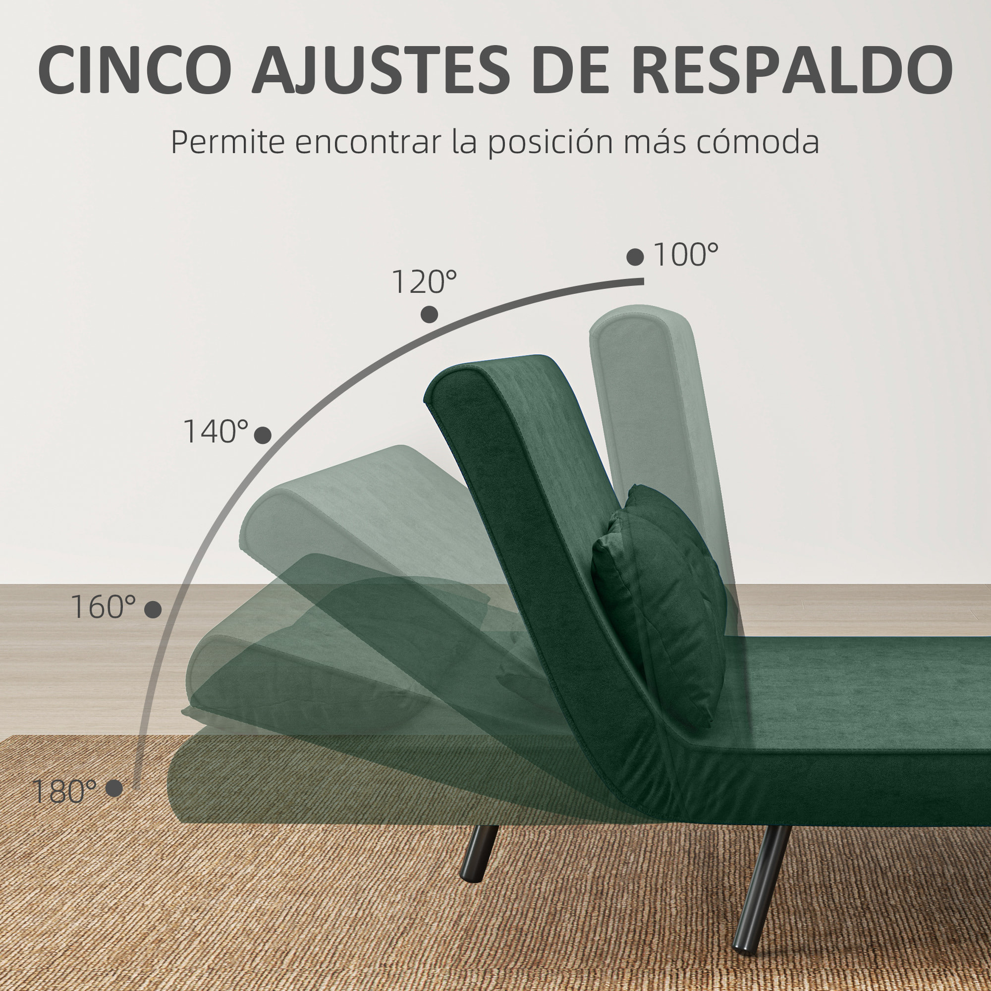 Sofá Cama de 2 Plazas Sofá Cama Plegable Tapizado en Terciopelo con Respaldo Ajustable de 5 Niveles y 2 Almohadas Acolchadas para Oficina Dormitorio Salón 102x73x81 cm Verde