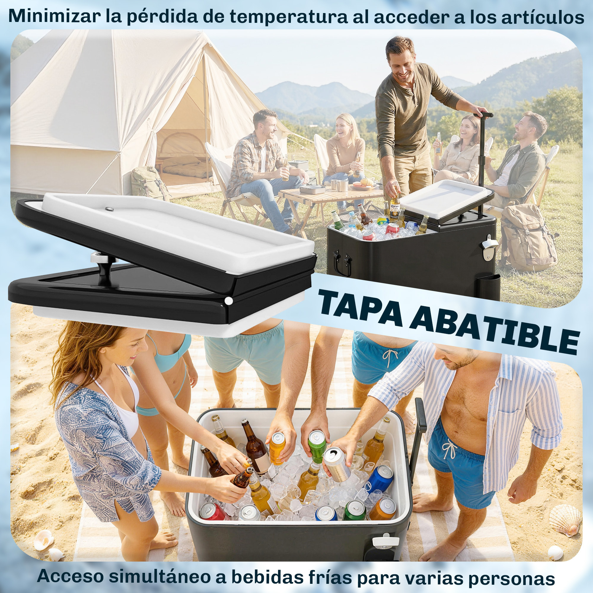 Carrito Nevera de 56L con Ruedas, Carro de Bebidas con Mango Ajustable, Abrebotellas, Recogetapas, Drenaje y Asa, Mesa Nevera Jardín Exterior para Patio, Fiesta, BBQ, 75x35x120 cm, Negro