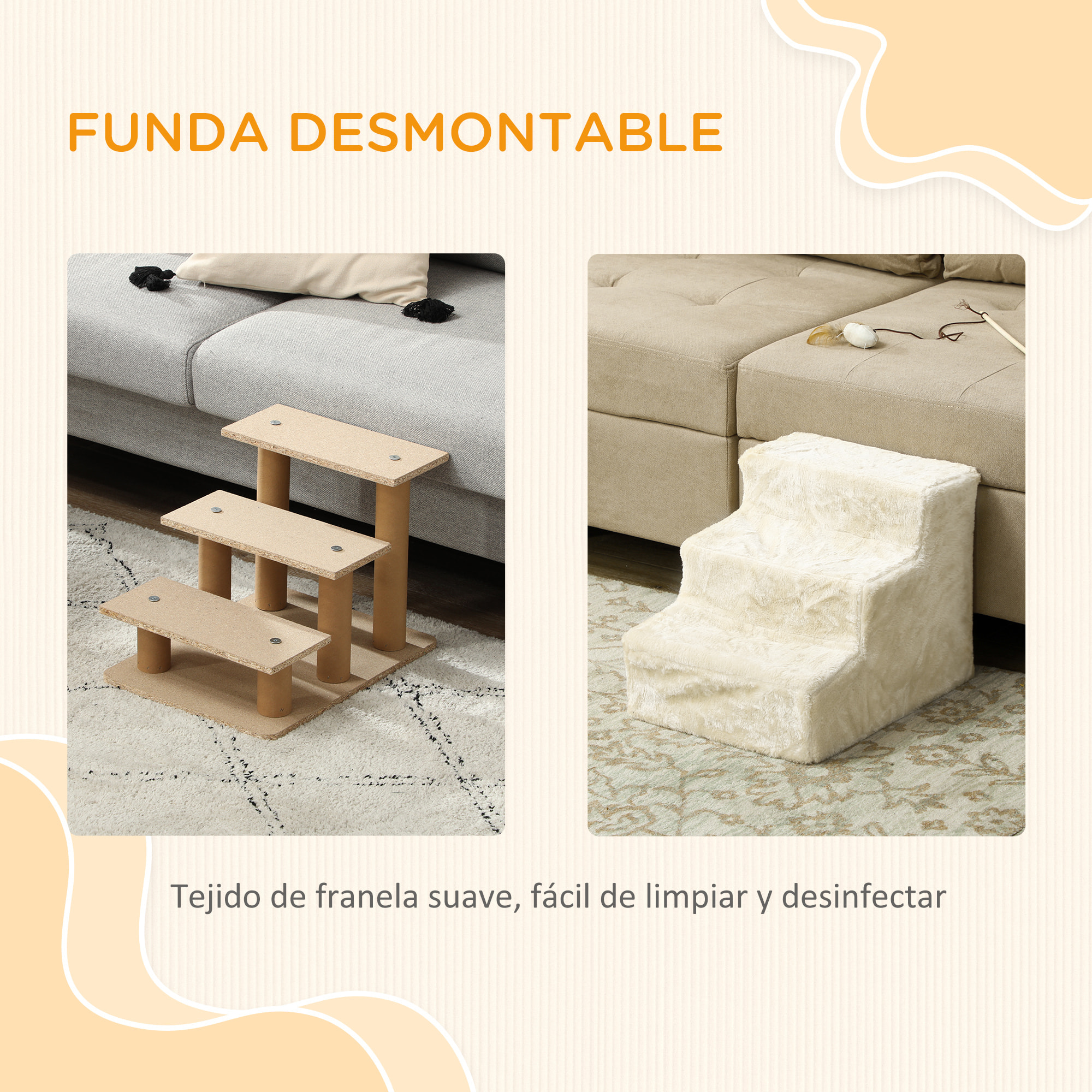 Escalera para Perros de 3 Peldaños, Escalera para Mascotas con Funda Extraíble y Lavable, Rampa para Perros y Gatos para Cama, Sofá, 46x35x35 cm, Beige