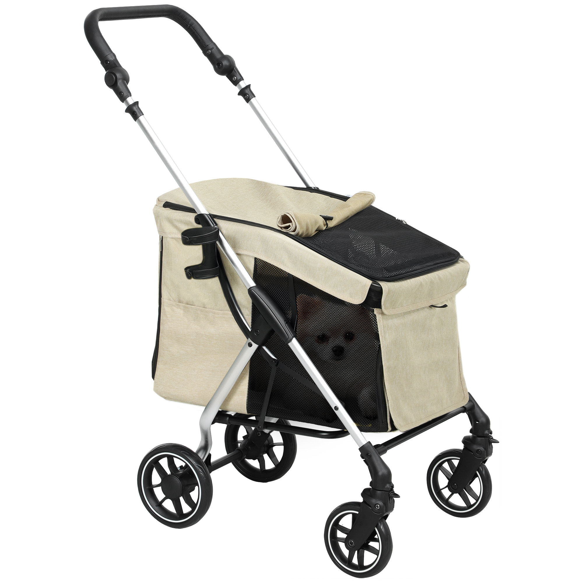 para Perros Plegable Cochecito para Perros Pequeños hasta 10 kg con Ruedas Universales Marco de Aluminio Correa de Seguridad Cojín Lavable y Ventanas 80x48,5x106 cm Caqui