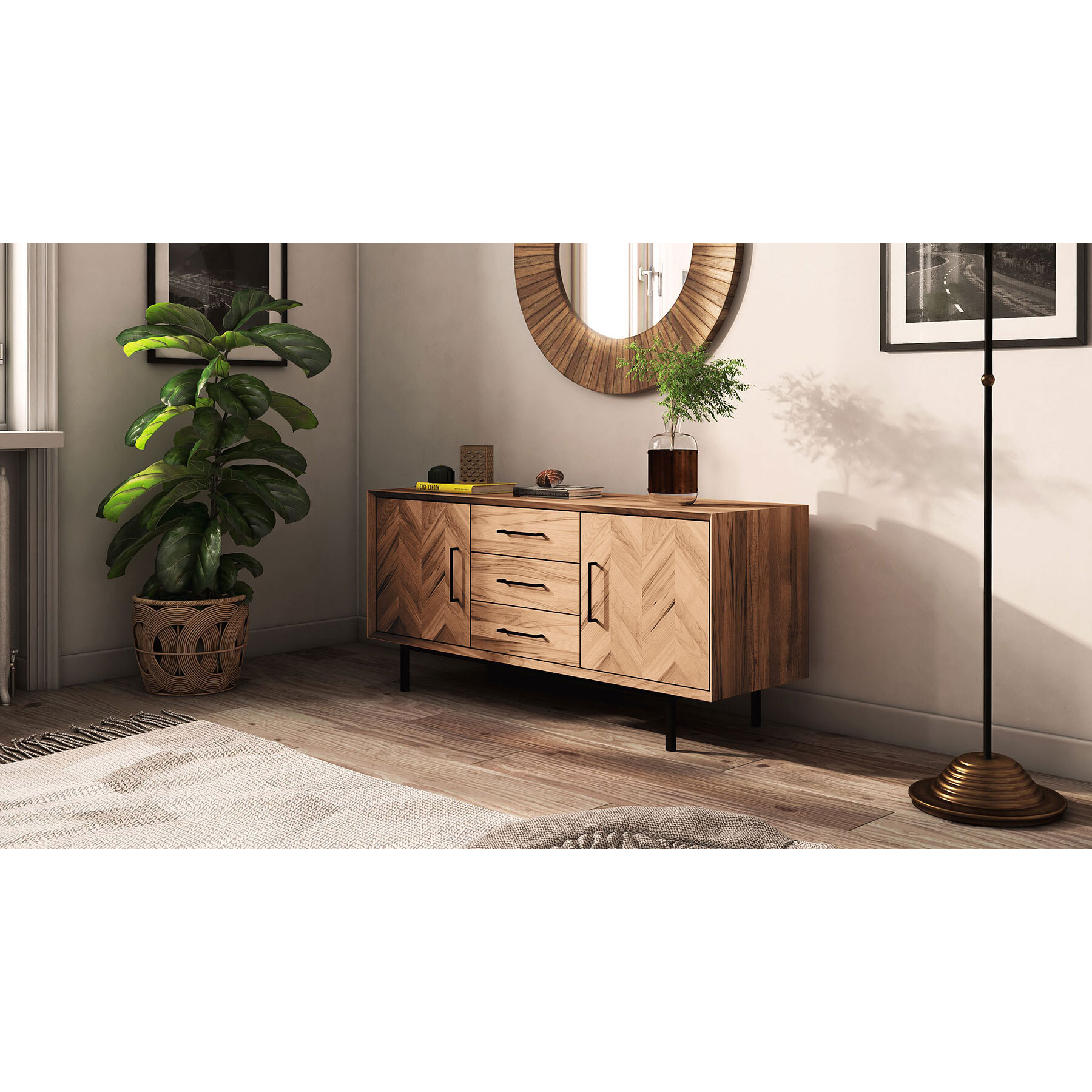 Meuble bas bois hêtre 2 portes paola 144x45cm