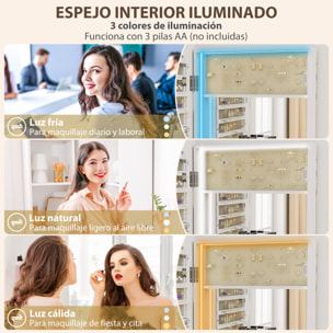 Espejo Joyero con Luz LED de 3 Colores, Armario Joyero Montado en la Pared o en la Puerta, Armario para Joyas con Cerradura, Espejo Entero, Diseño Ondulado, Blanco