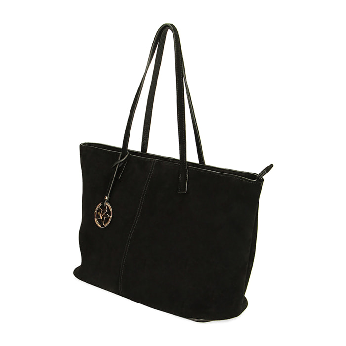 Borsa a spalla shopper nera in camoscio